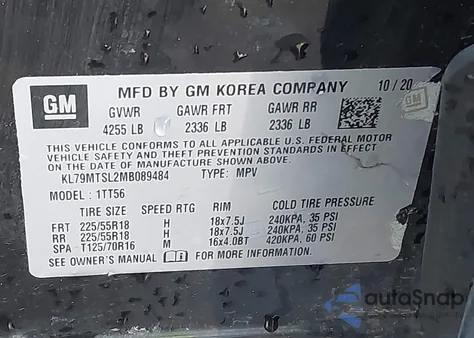 2021 Chevrolet Trailblazer Fwd Rs из США, поврежденный, VIN KL79MTSL2MB089484